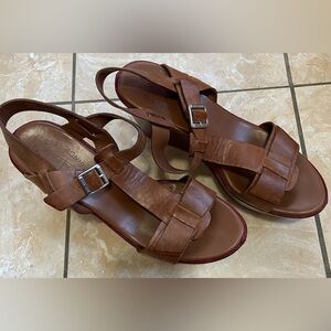 Kork-Ease Brown Leather T-Strap Buckle Sandals High Wedges‎ Women’s Size 9
